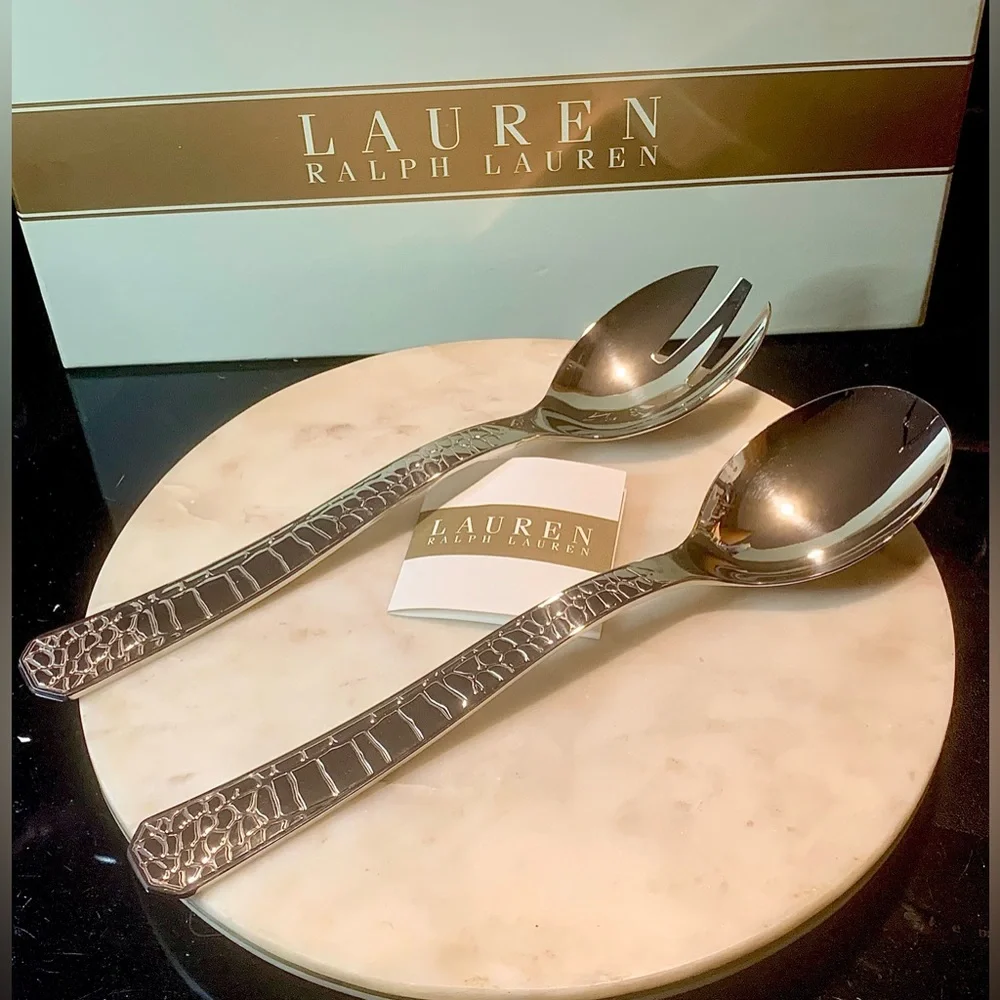 RALPH LAUREN CROCODILE SALAD SERVER SET NEW SILVER STAINLESS STEEL